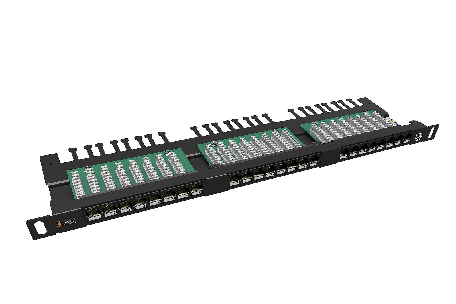 Solarix patch panel 24xRJ45 CAT5E UTP s vyvazovací lištou černý 0,5U SX24HD-5E-UTP-BK