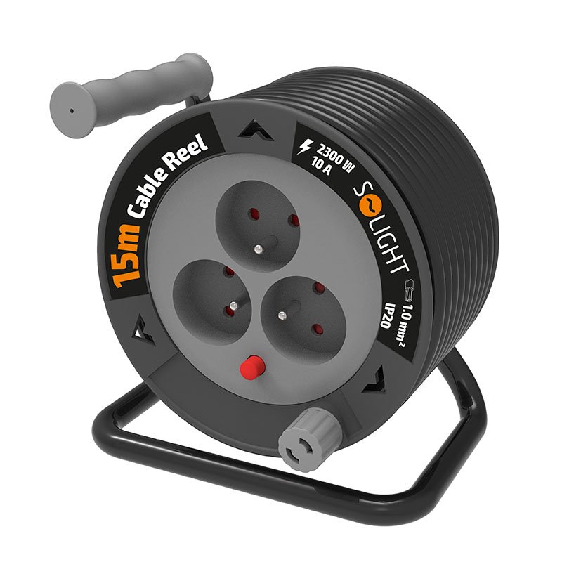 Solight PB24B prodlužovací přívod na bubnu 15m, 3 zásuvky, černý kabel, 3x 1,0mm2