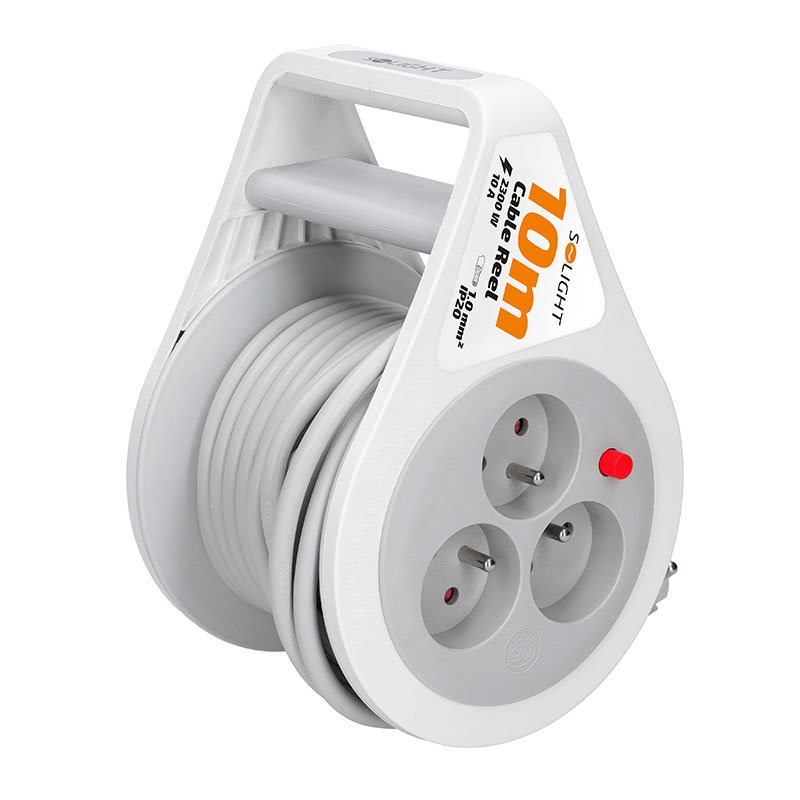 Solight PB25B prodlužovací přívod na bubnu 10m, 3 zásuvky, šedý kabel, 3x 1,0mm2