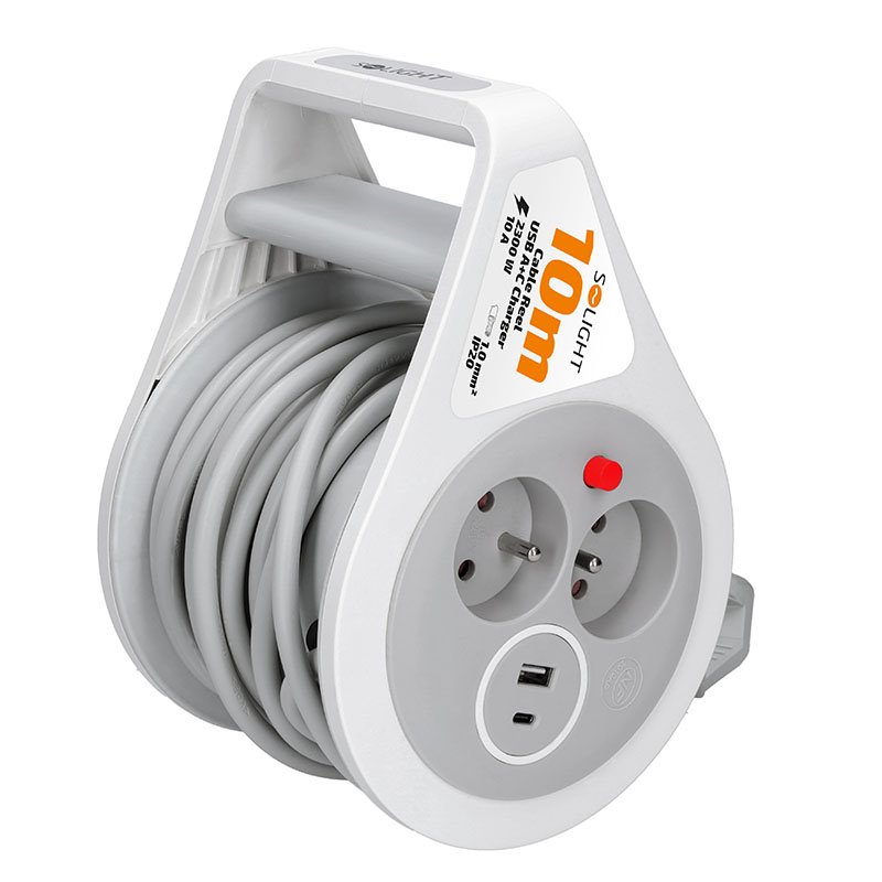 Solight PB25C prodlužovací přívod na bubnu 10m, USB A+C, 2 zásuvky, šedý kabel, 3x 1,0mm2
