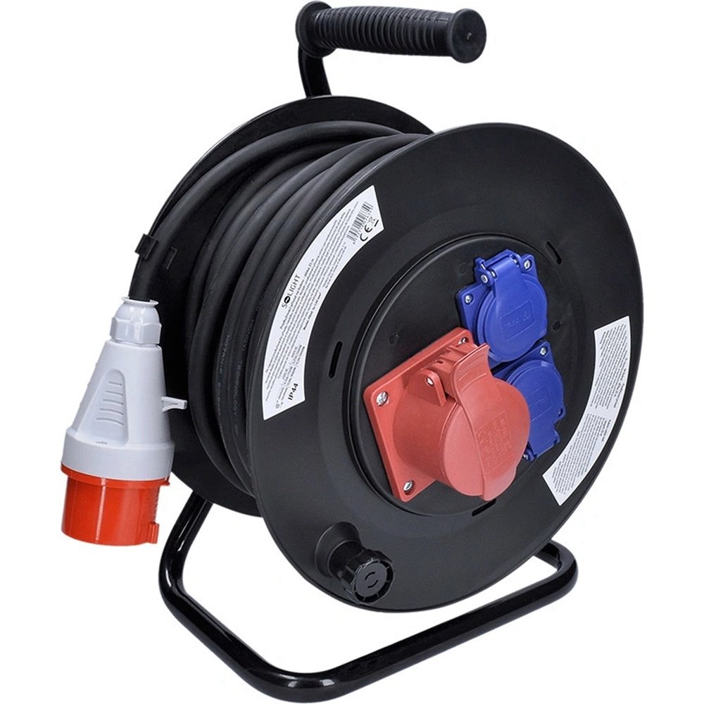 Solight PB40 - POSLEDNÍ KUS, prodlužovací přívod na bubnu, 3 zásuvky, 400V + 230V, 25m gumový kabel 5x1,5mm2, IP44