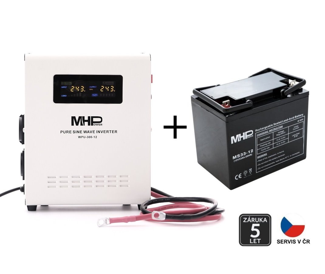 Záložní zdroj MHPower WPU-300-12, UPS, 300W, čistý sinus, 12V SET s baterií 33Ah